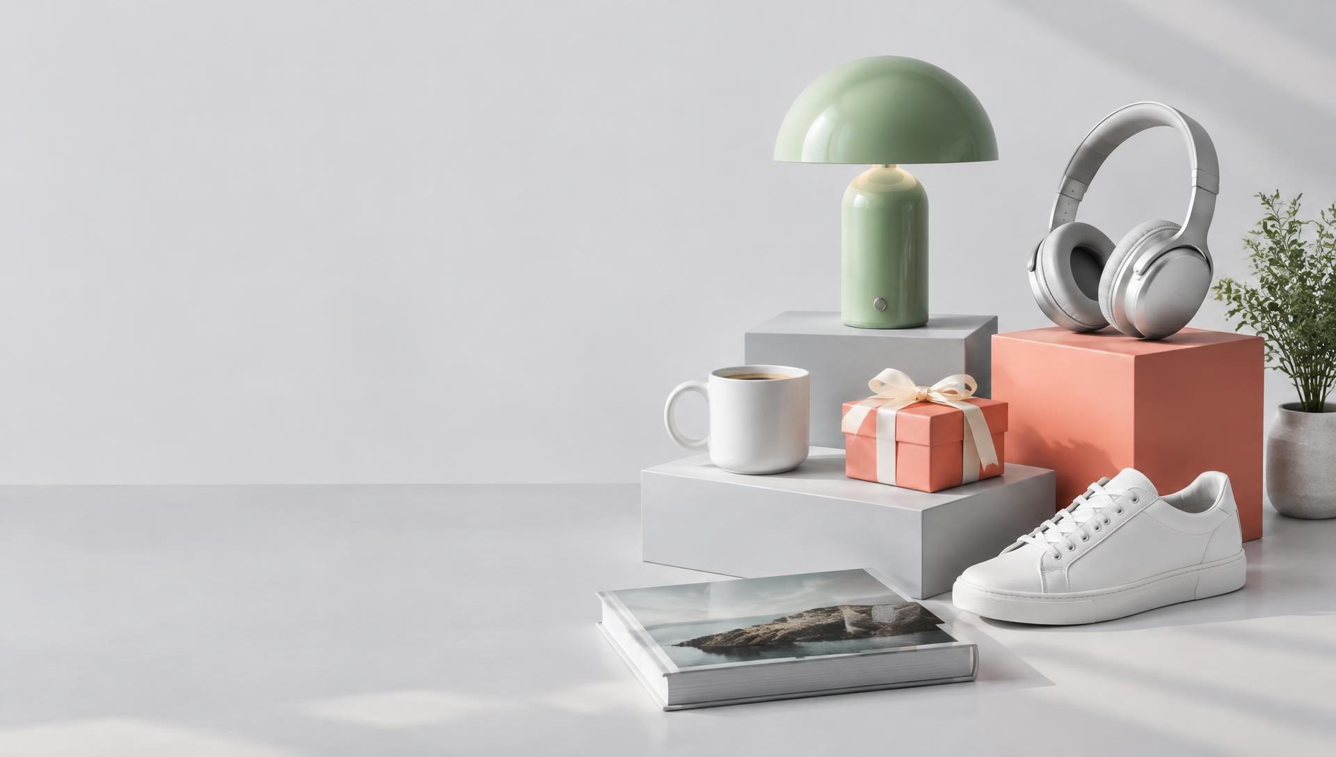 A curated collection of headphones, a lamp, sneakers and gifts